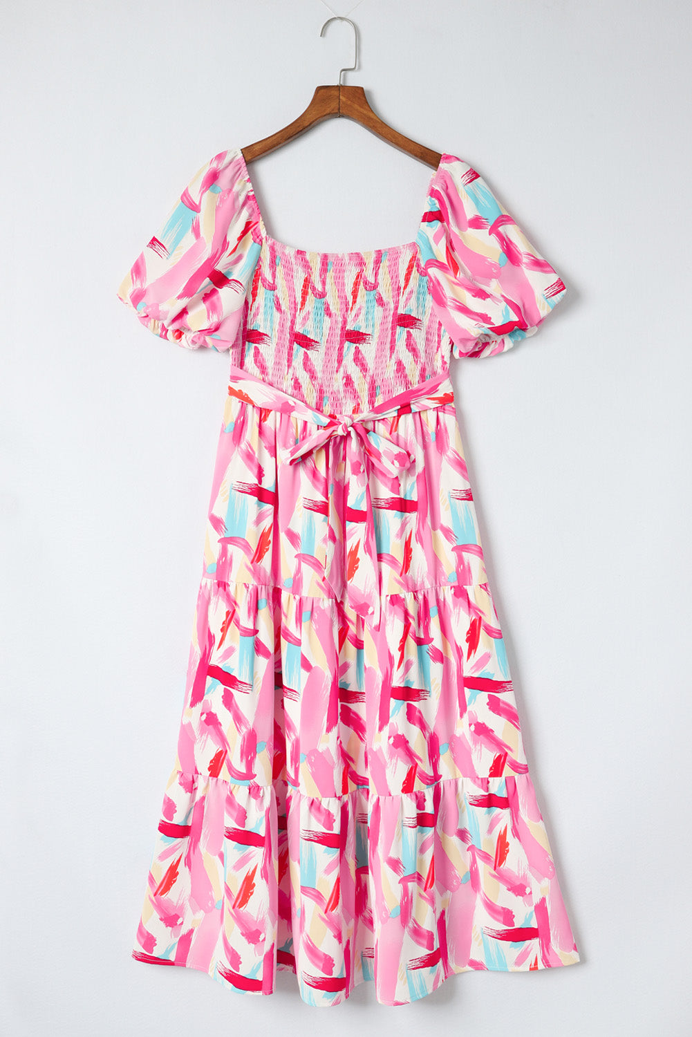 Brush Stroke Printed Smocked Ruffle Tiered Dress | Pink