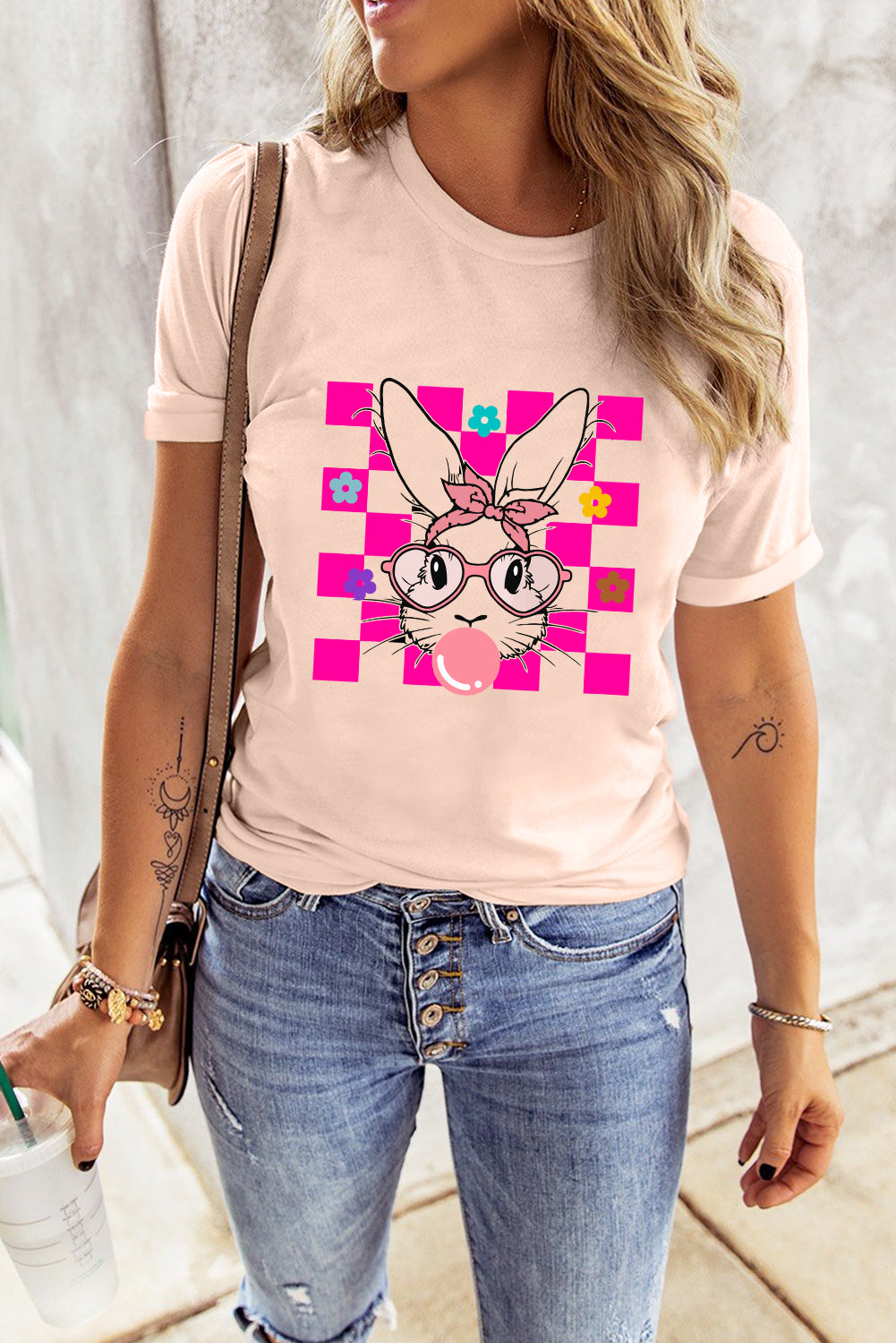 Easter Rabbit Checkered Flower Print O-Neck T Shirt | Pink