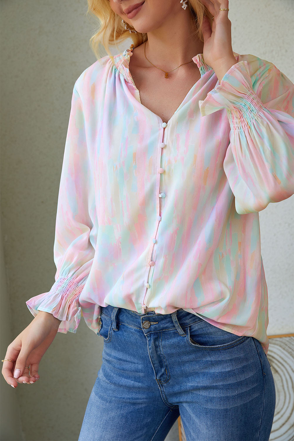 Abstract Print Frilled Buttoned Long Sleeve Shirt | Multicolour