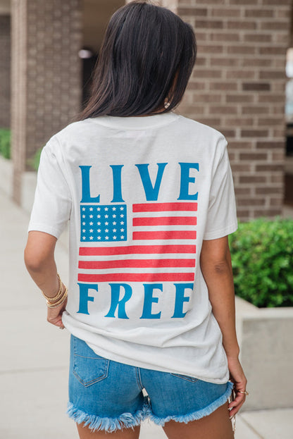 Back American Flag Live Free Graphic T Shirt | White