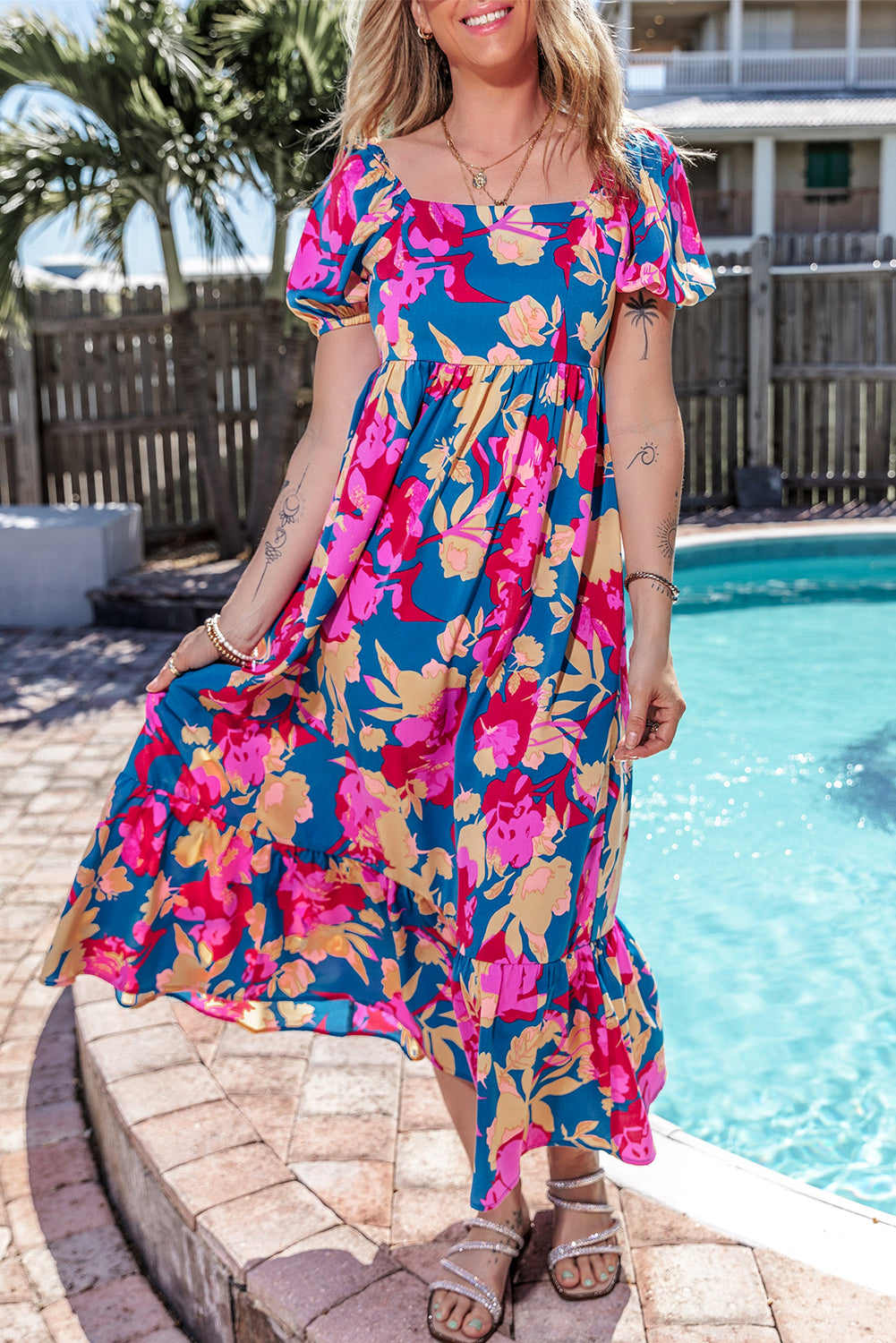 Square Neck Bubble Sleeve Ruffled Floral Dress | Dark Blue