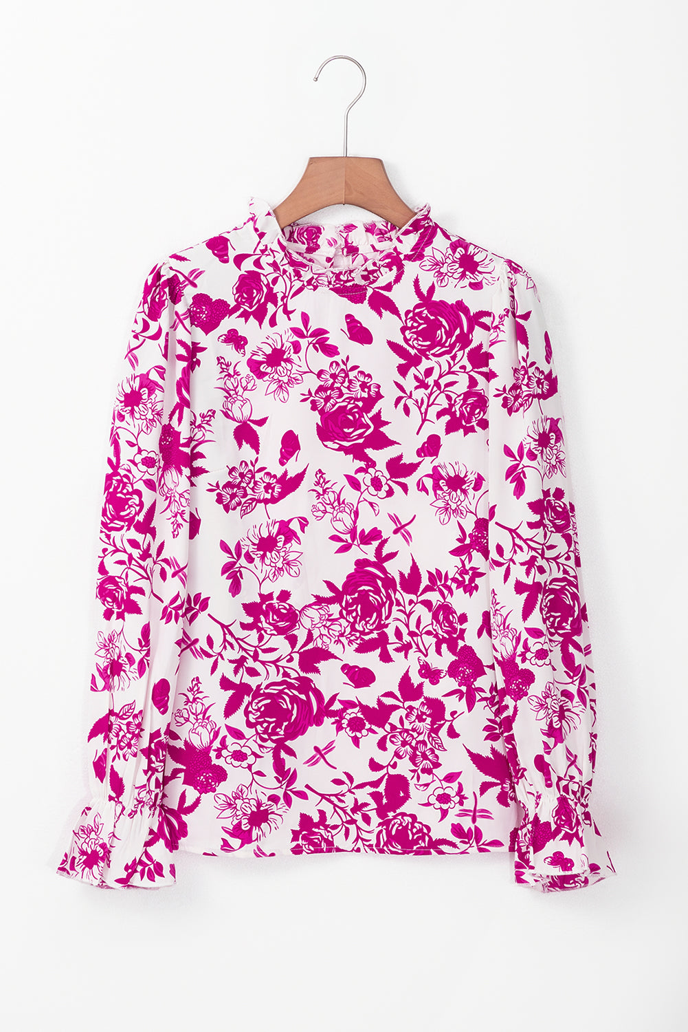 Floral Print Flounce Sleeve Keyhole Back Blouse | Rose