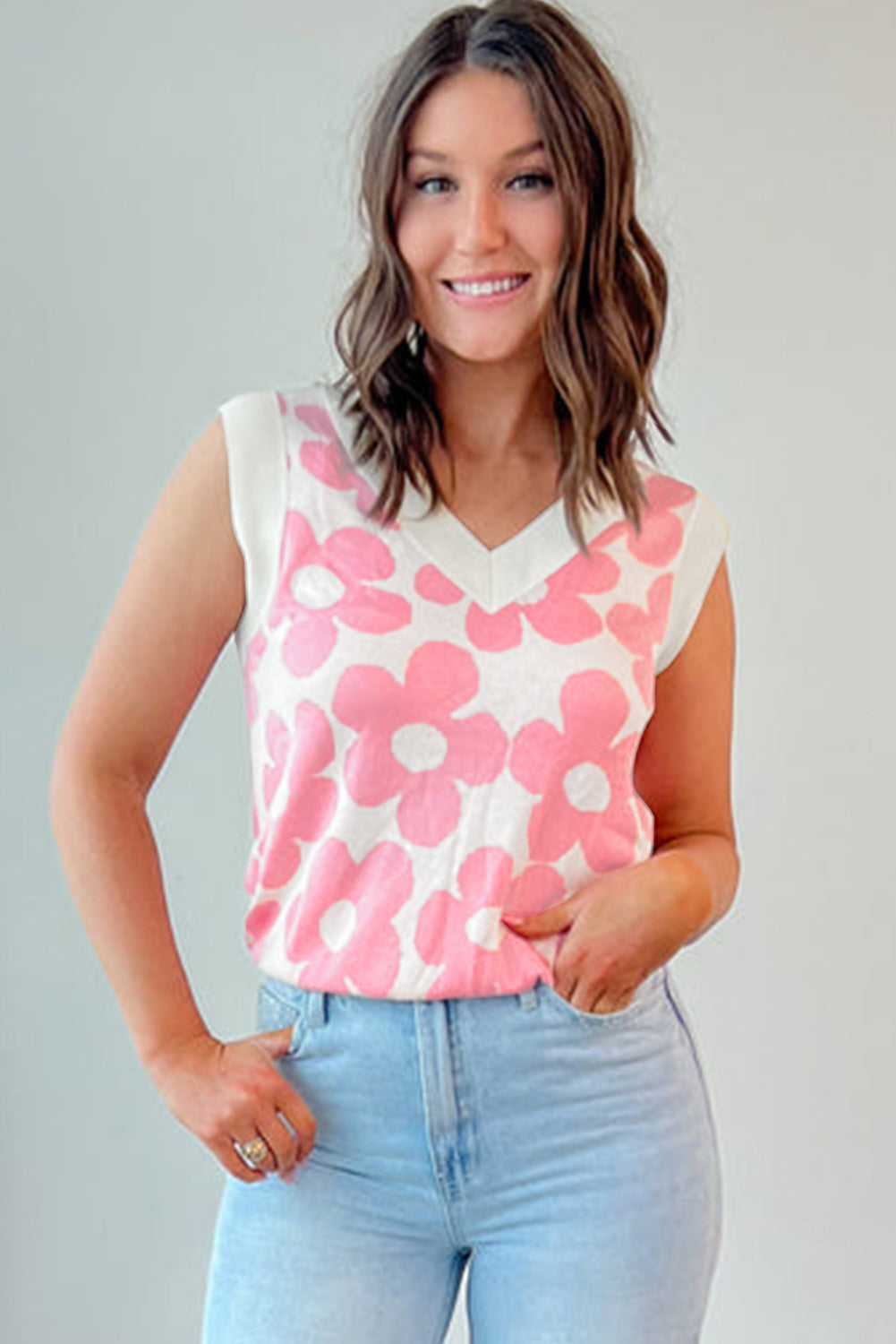 Cute Flower Knitted V Neck Tank Top | Pink