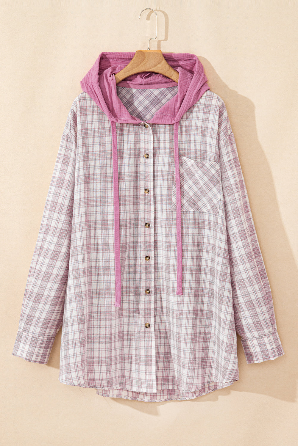 Plaid Print Drawstring Hooded Button-Up Plus Size Shirt | Bonbon