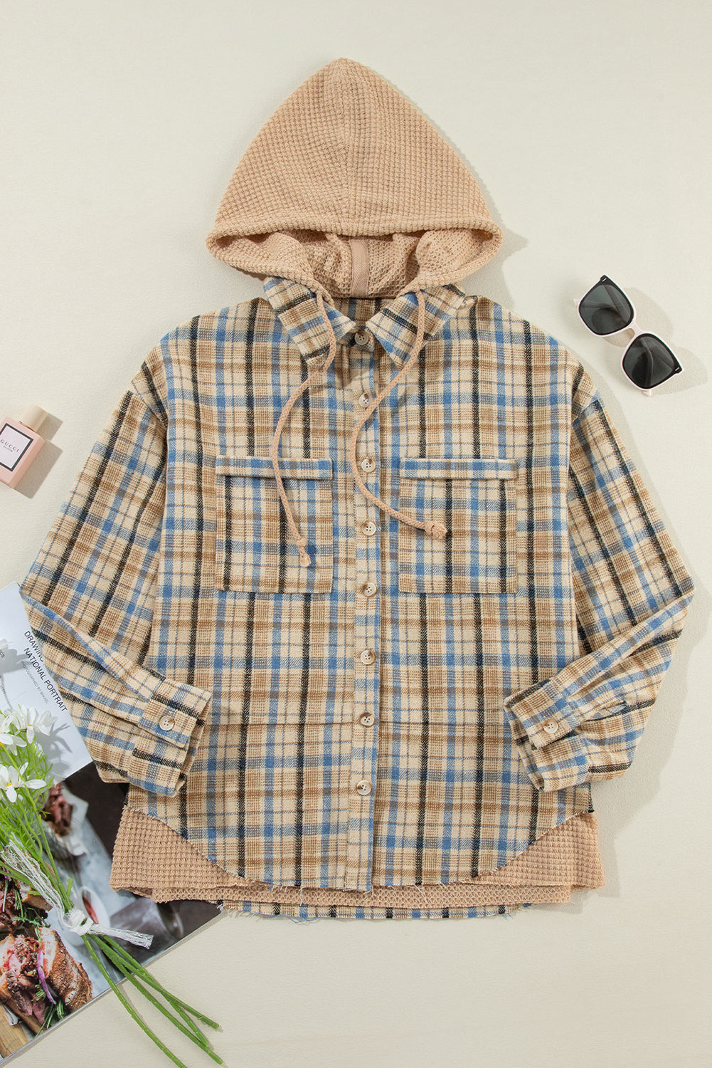 Waffle Knit Patchwork Hooded Plaid Shacket | Ashleigh Blue