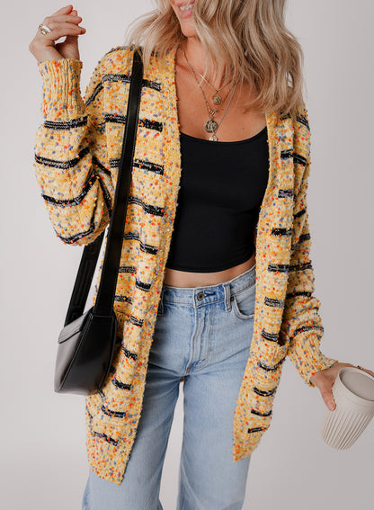 Striped Pom Pom Knit Open Front Long Cardigan | Beige