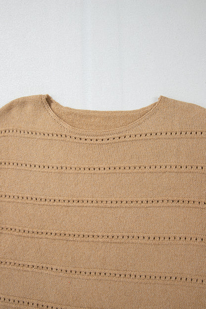 Boat Neck Drop Shoulder Pointelle Knit Sweater | Pale Khaki