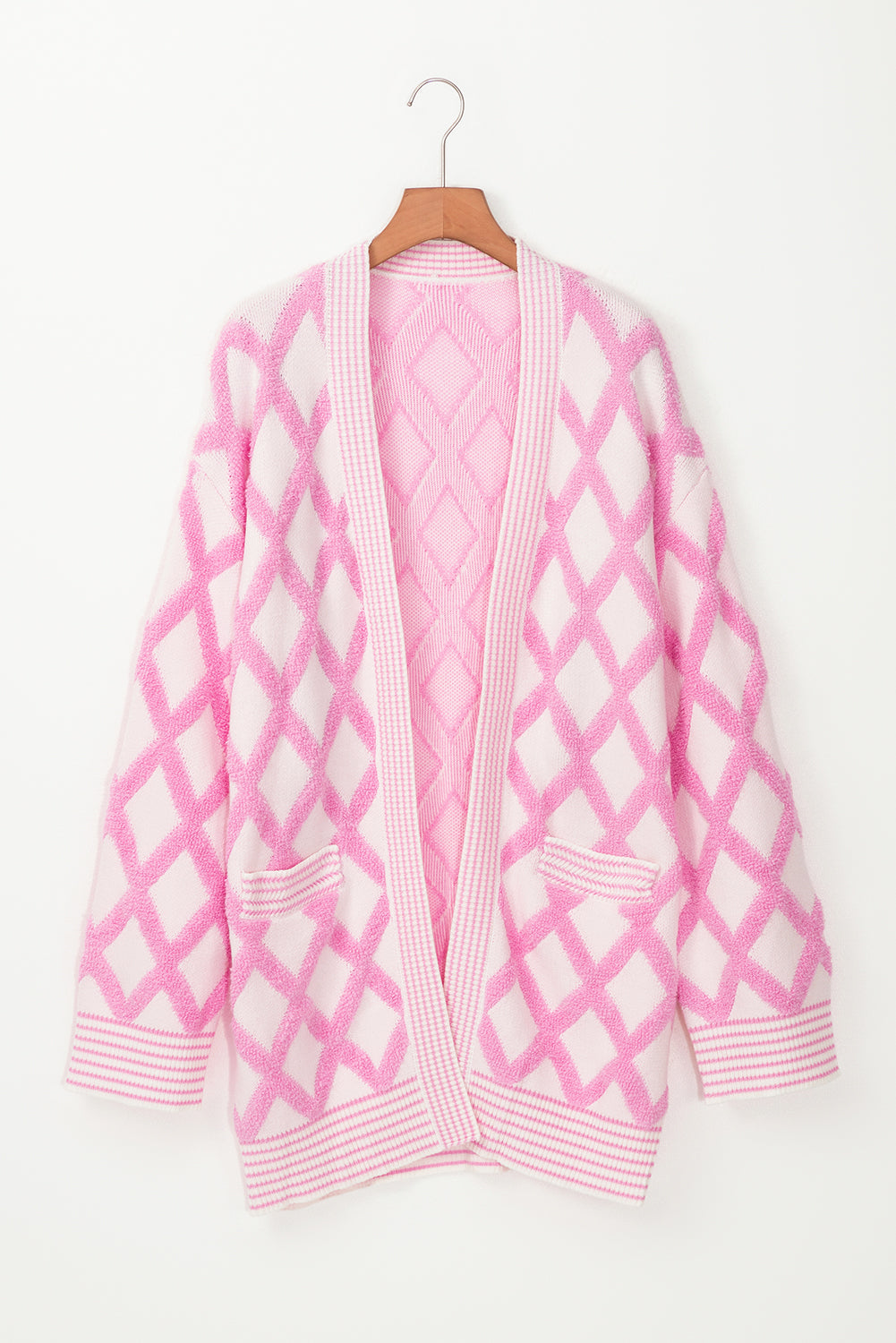 Rhombus Pattern Knit Open Front Pocketed Cardigans | Pink