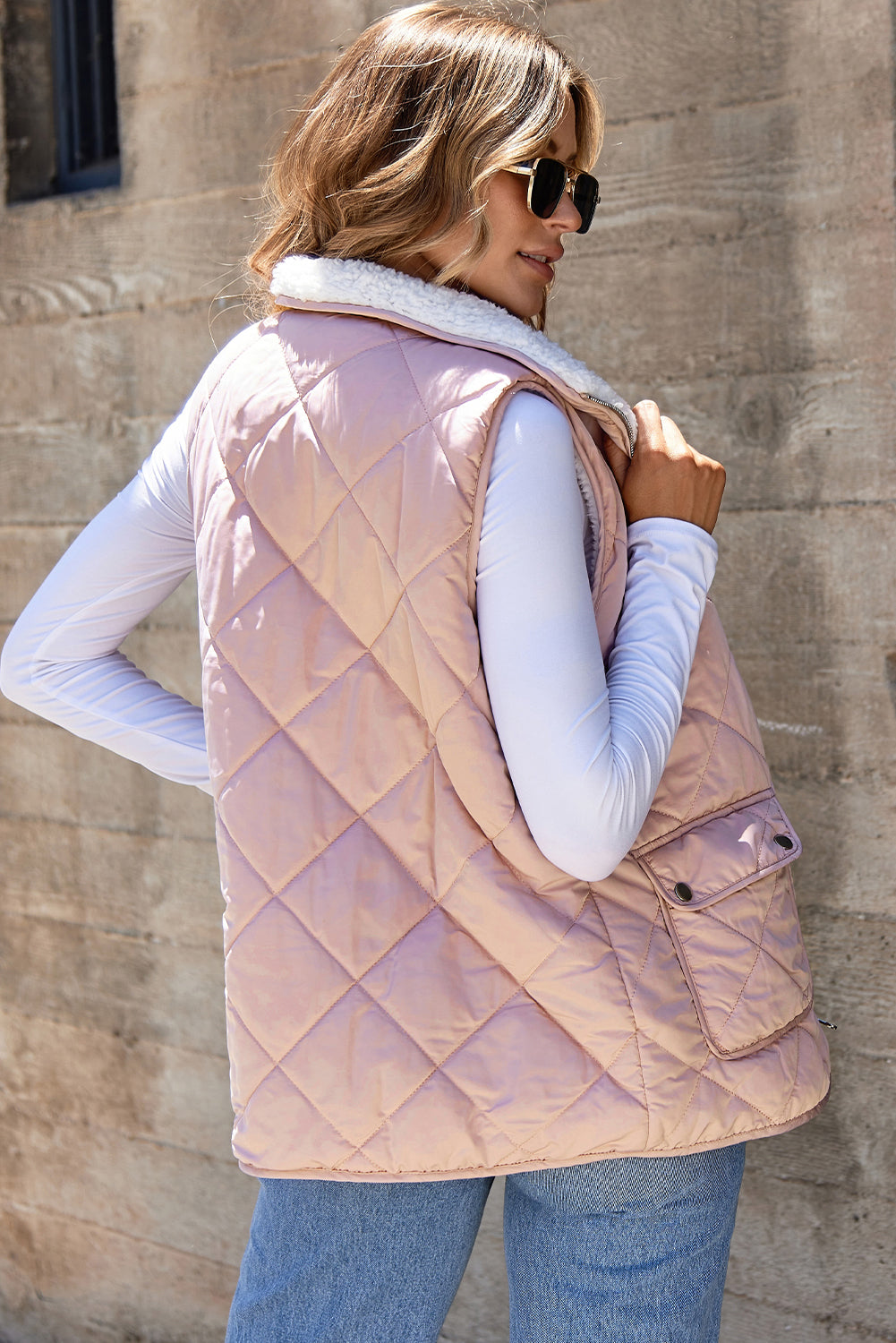 Pink Fleece Lined Quilted Vest Coats | Smoke Gray