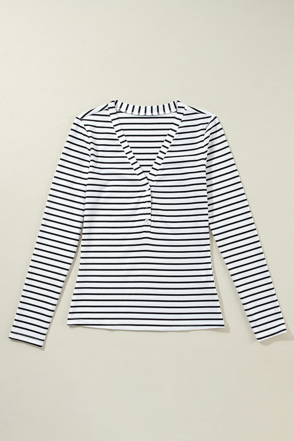 Slim Fit Buttoned V Neck Long Sleeve T Shirt | White Stripe