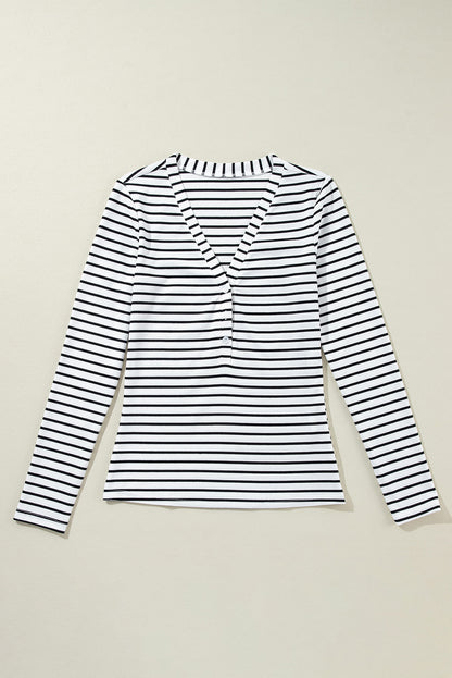 Slim Fit Buttoned V Neck Long Sleeve T Shirt | White Stripe