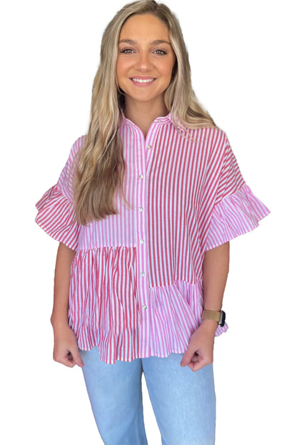 Striped Patchwork Ruffled Hem Button Up Shirt | Pink Stripe