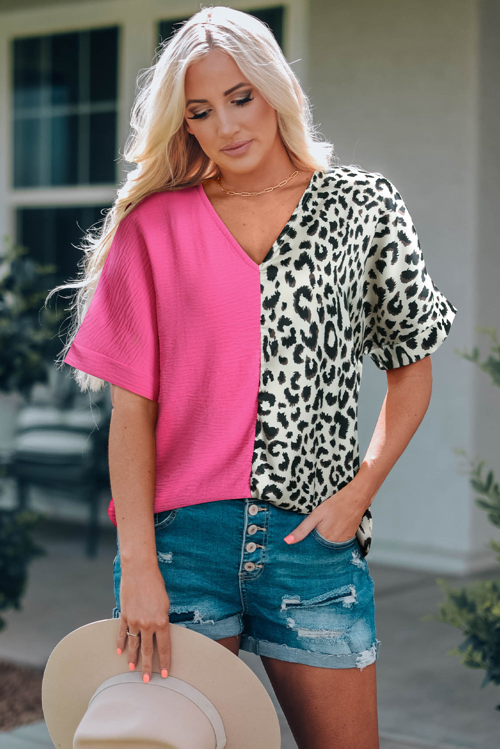 Contrast Leopard Colour Block Blouse | Rose