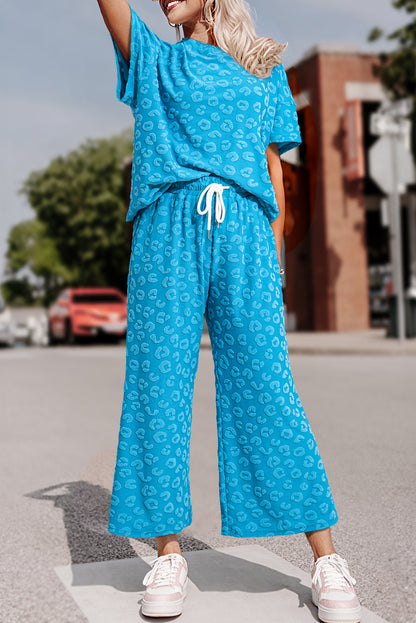 Leopard Jacquard Short Sleeve Top And Wide Leg Pants Set | Blue