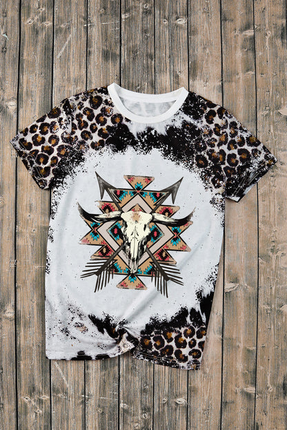 Western Steer Head Aztec  Print Crew Neck Tee | Leopard