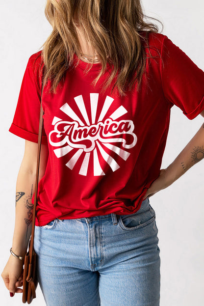 Fiery  America Graphic Print Independence Day T Shirt | Red