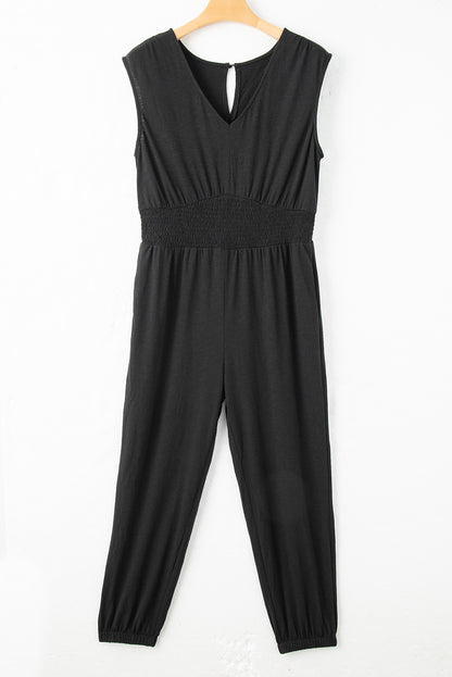 Plus Smocked High Waist Sleeveless V Neck Jumpsuit | Black