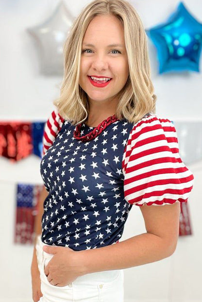 4th of July Stars Stripes Puff Sleeve T Shirt | Navy Blue