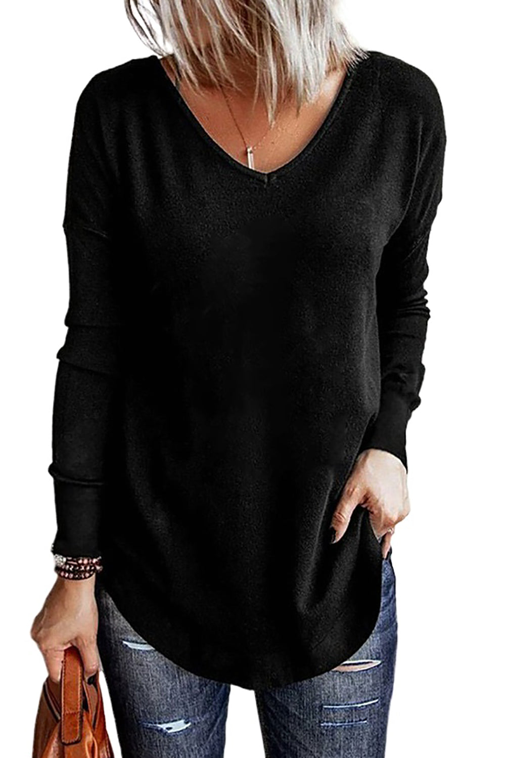 Solid Colour V Neck Long Sleeve Knit Top | Black