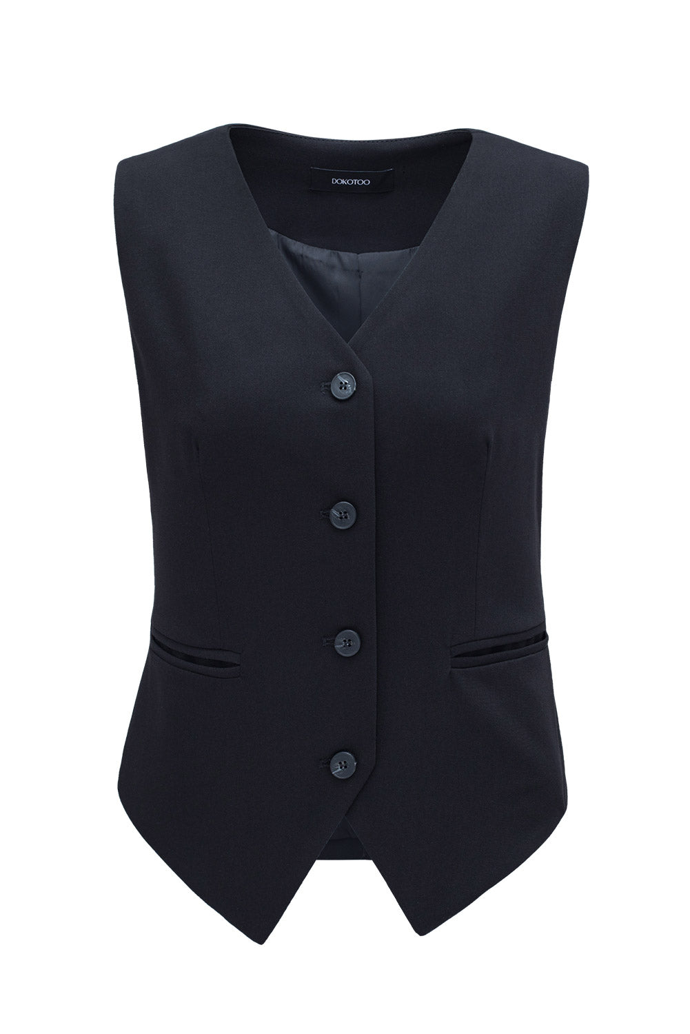 Solid Colour Button Up V Neck Suit Vest | Black