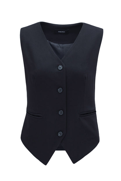 Solid Colour Button Up V Neck Suit Vest | Black