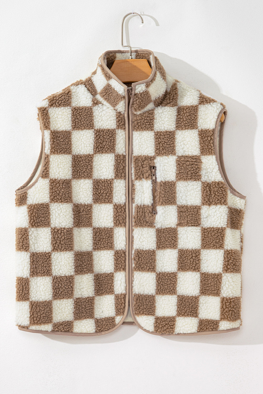 Checkered Sherpa Collared Jacket Vest | Khaki