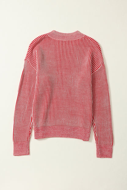 Striped Print Ribbed Trim Round Neck Sweater | Red