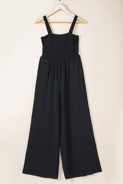 Smocked Sleeveless Wide Leg Jumpsuit With Pockets | Black