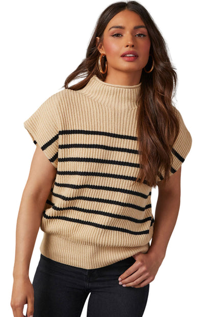 Striped Ribbed Knit High Neck Sweater | Parchment