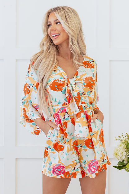 Blooming Floral Print Front Tie Romper | Orange