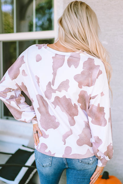 Cow Spots Print Drop Shoulder Puff Sleeve Sweatshirt | Brown