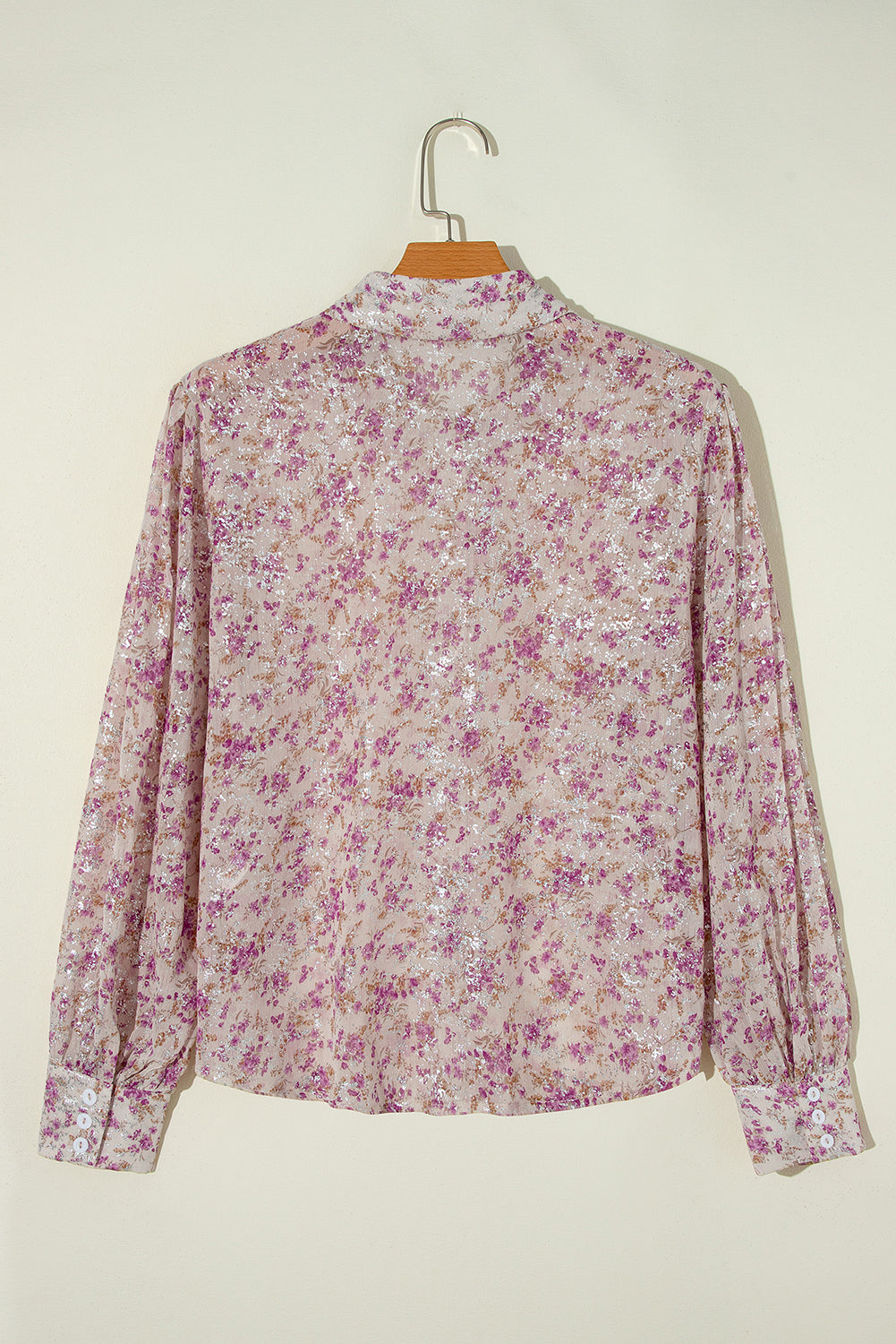 Floral Print Bishop Sleeve Collared V Neck Shirt | Pink