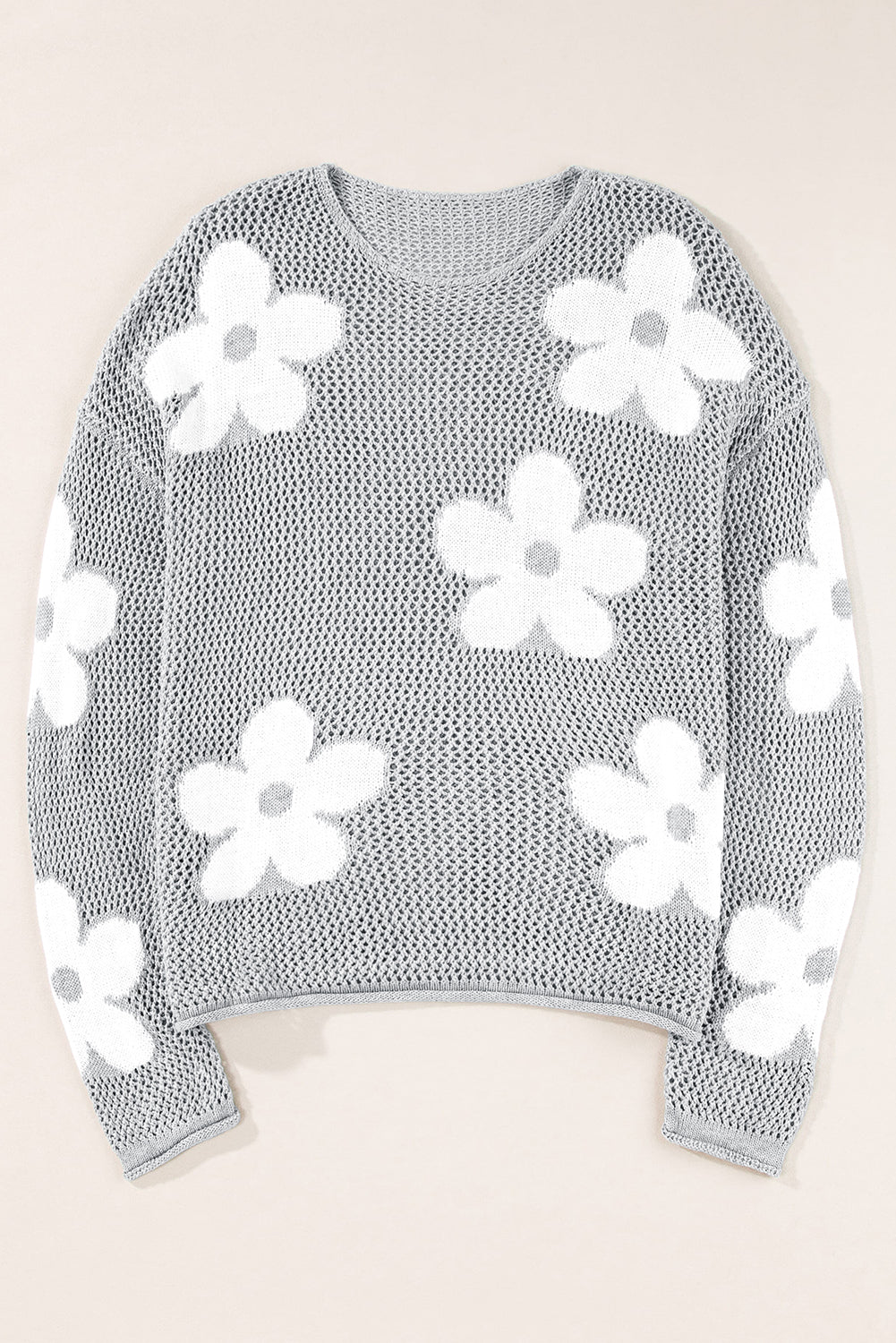 Big Flower Hollowed Knit Drop Shoulder Sweater | Light Grey