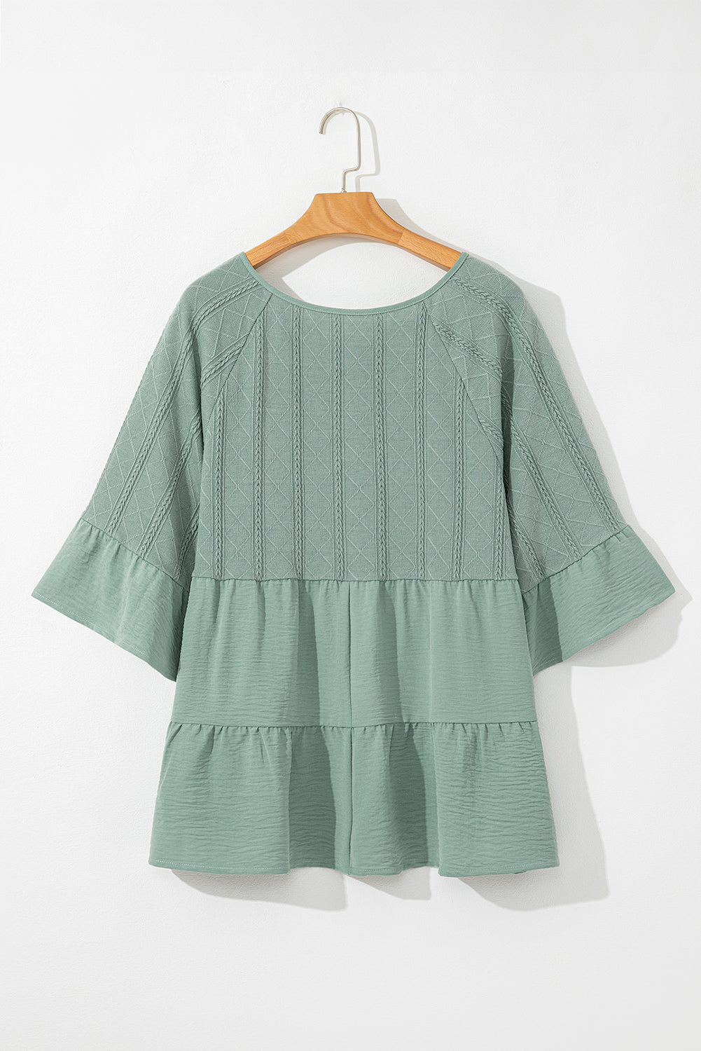 Tie Split Neck Textured Ruffle Patchwork Blouse | Laurel Green