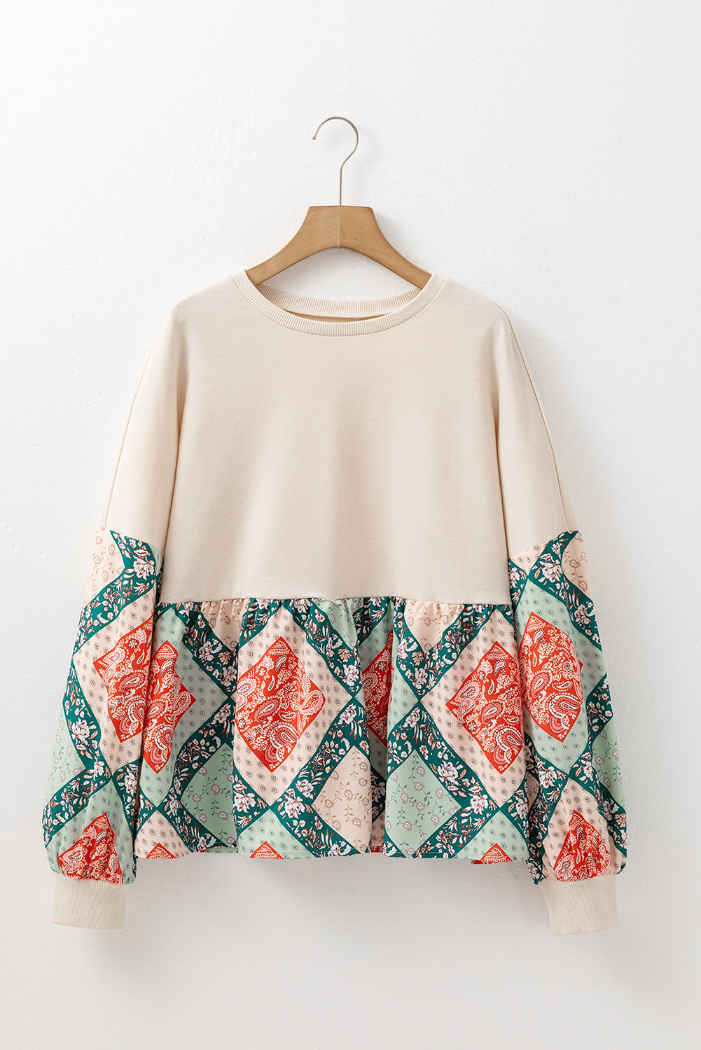 Paisley Geometric Patchwork Crew Neck Loose Fit Top | Jet Stream