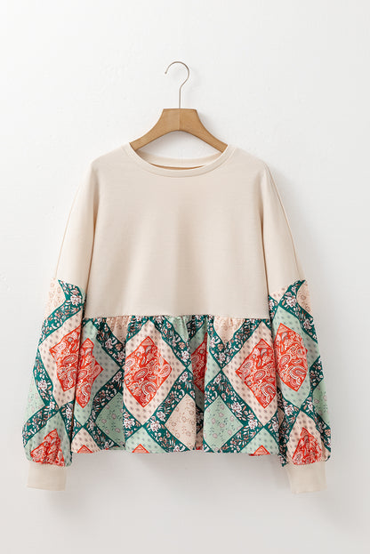 Paisley Geometric Patchwork Crew Neck Loose Fit Top | Jet Stream