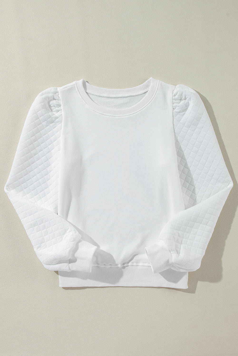 Solid Puff Sleeve Round Neck Pullover Sweatshirt | White