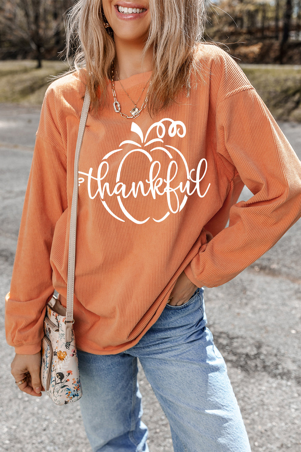 Pumpkin Thankful Graphic Corded Thanksgiving Sweatshirt | Orange