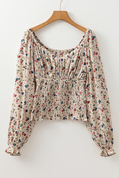 Boho Floral Print Smocked Waist V Neck Blouse | Beige