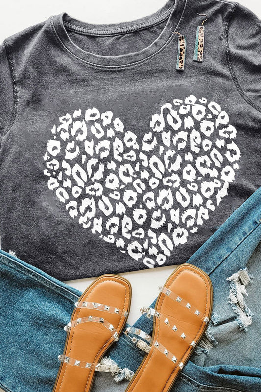 Gray Leopard Kiss Print Valentines Heart Graphic Tee