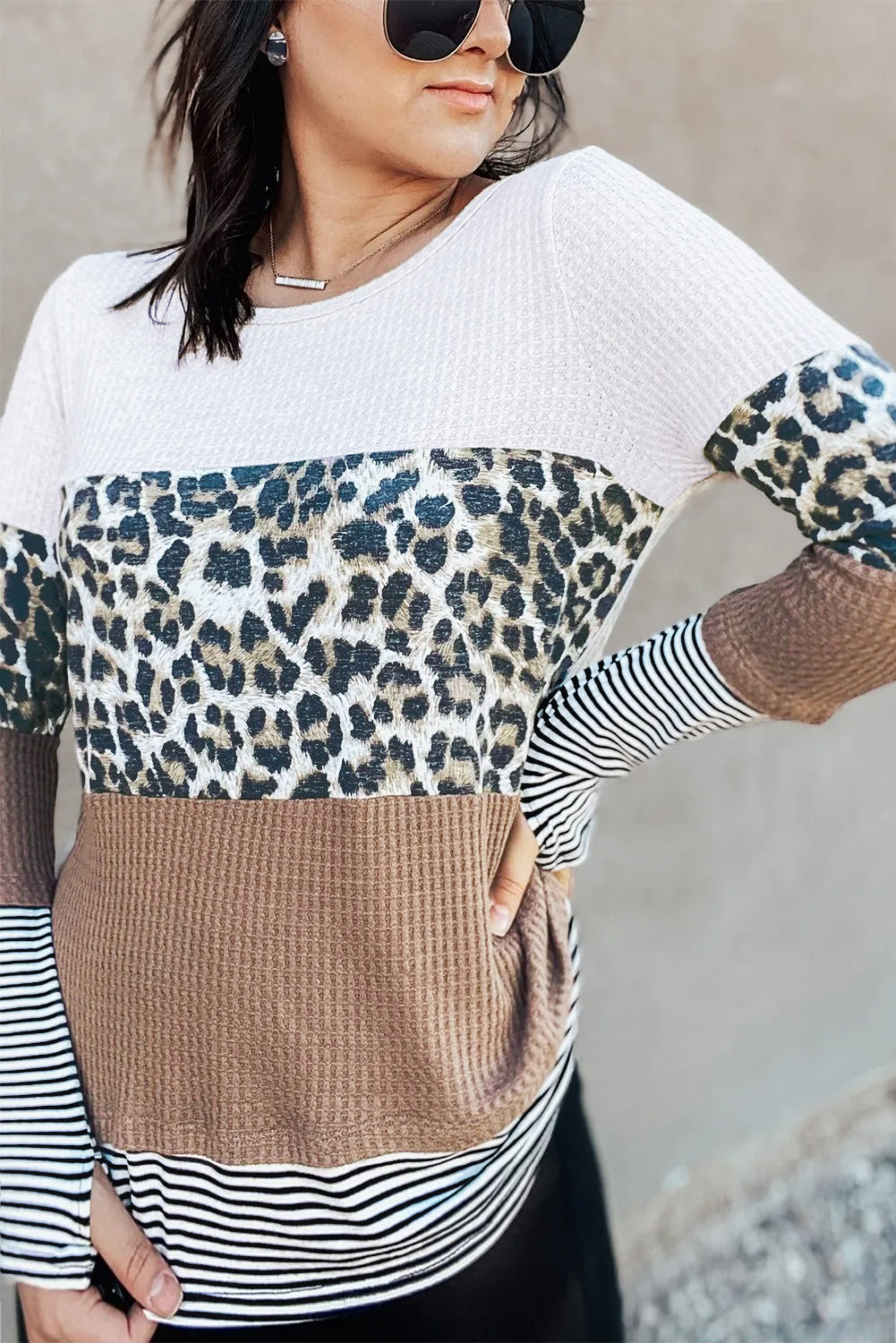 Stripes Leopard Splicing Colourblock Long Sleeve Top | Brown