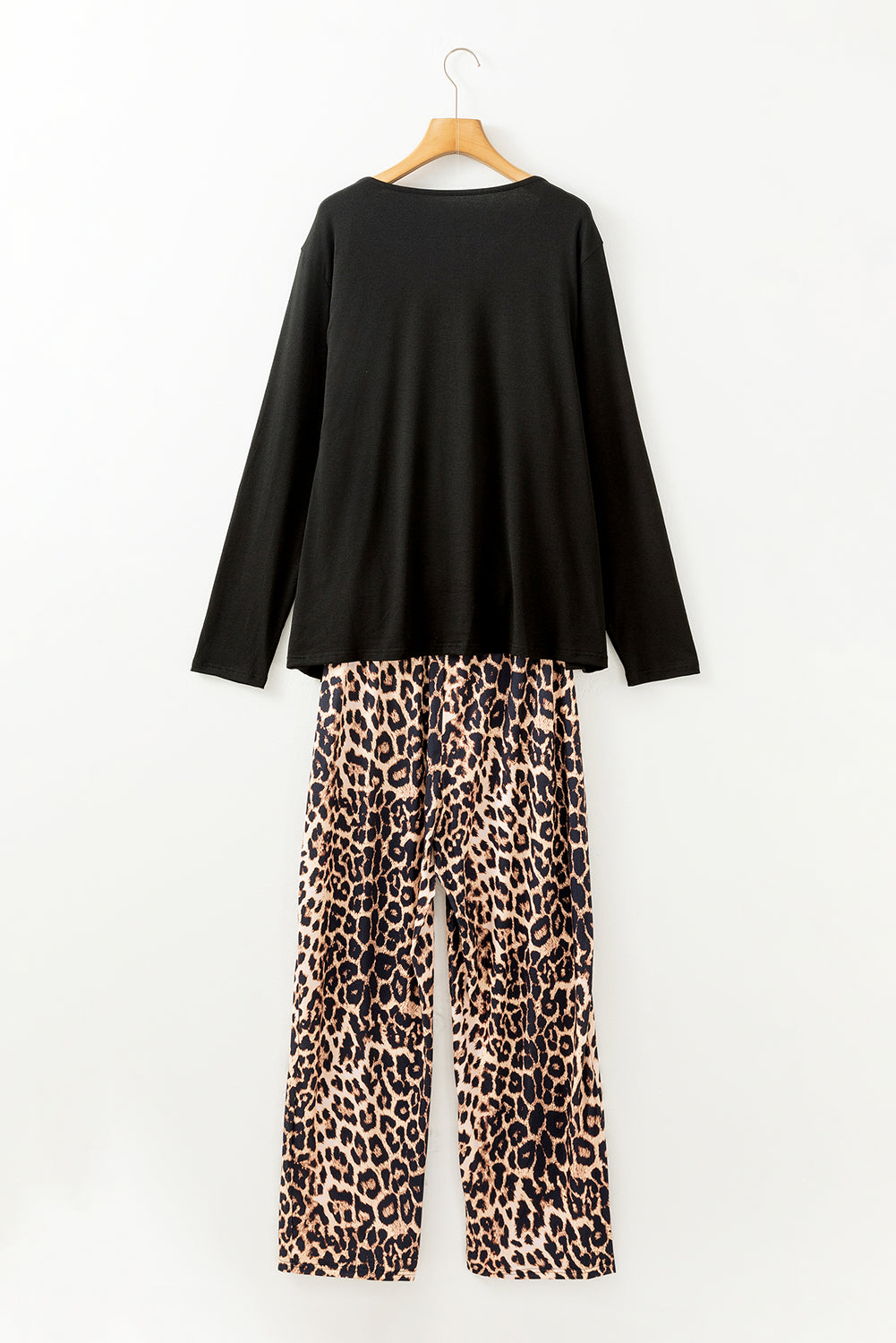 Leopard Patched Pocket Long Sleeve Top Plus Size Pants Set | Black