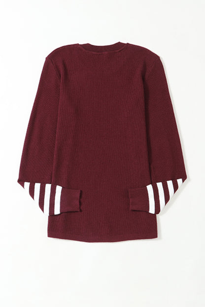 Striped Sleeve Plain Knit Sweater | Red