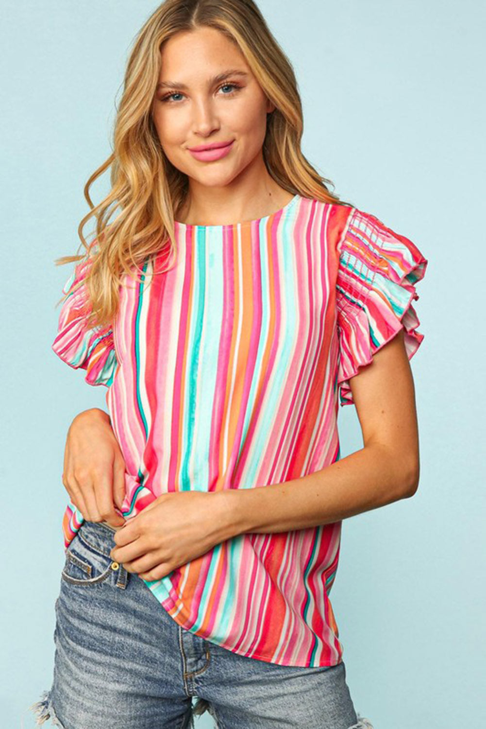 Abstract Print Stitching Ruffle Sleeve Blouse | Stripe