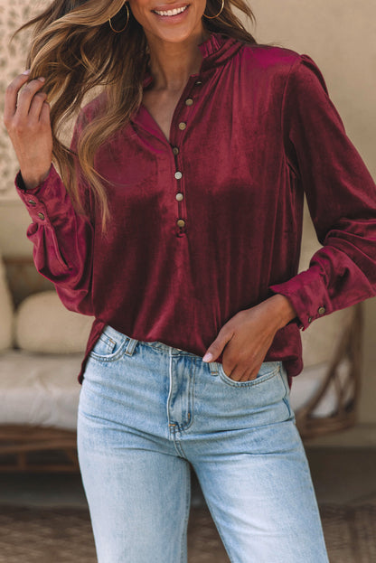 Burgundy Frilled Neck Buttoned Front Velvet Top | Biking Red