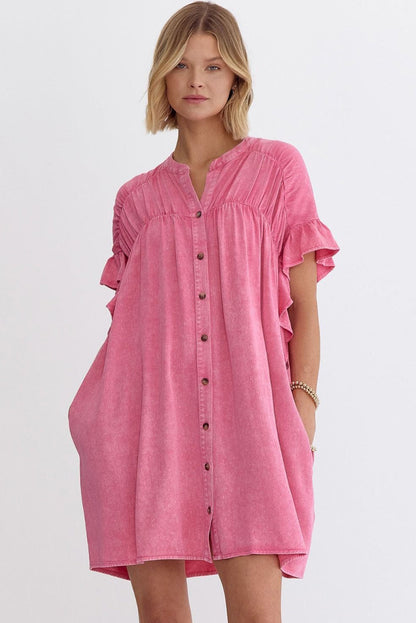 Ruffled Short Sleeve Buttoned Denim Mini Dress | Pink