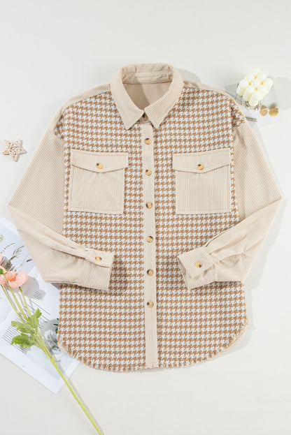 Houndstooth Corduroy Patchwork Flap Pocket Shacket | Parchment