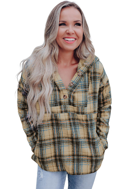 Plaid Button Neck Pocketed Pullover Hoodie | Khaki