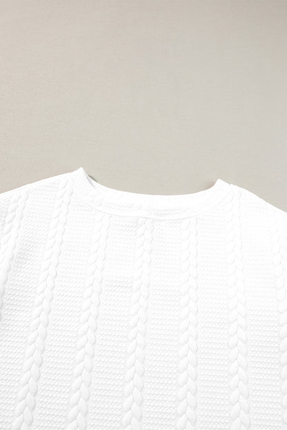 Cable Textured Long Sleeve Round Neck Top | White