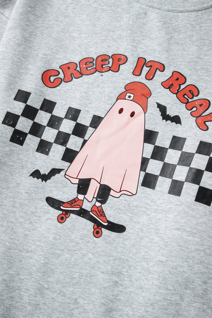 Creep It Real Ghost Print Plus Size Sweatshirt | Light Grey